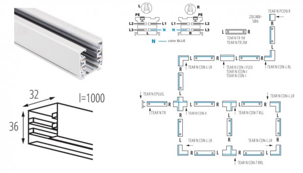 Vezetősín 3f 1m fehér