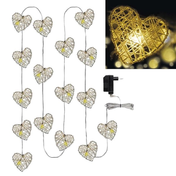 Fényfüzér 16LED rattan szív 3m belt. TR
